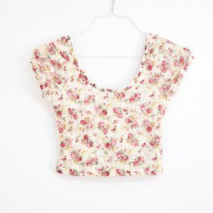 Cream Stretchy Floral Lace Twist Bow Cutout Crop Top | Size S